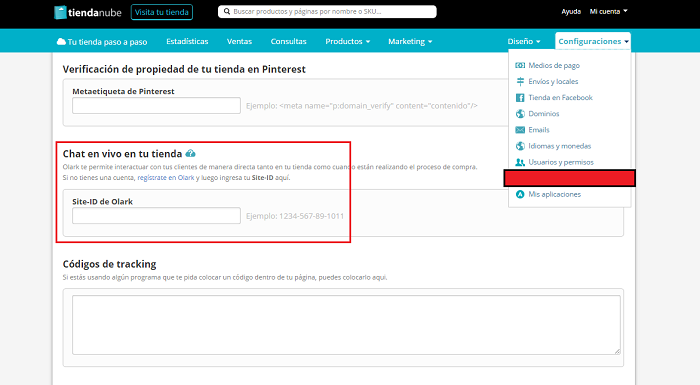 Ingresá el Site ID de Olark en el panel de administración de tu Tienda Nube